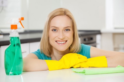 Professional cleaner disinfecting office workspace